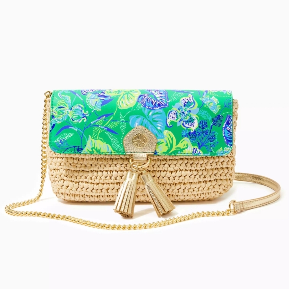 Lilly Pulitzer Straw Crossbody Bag in Botanical Green In a Flutter